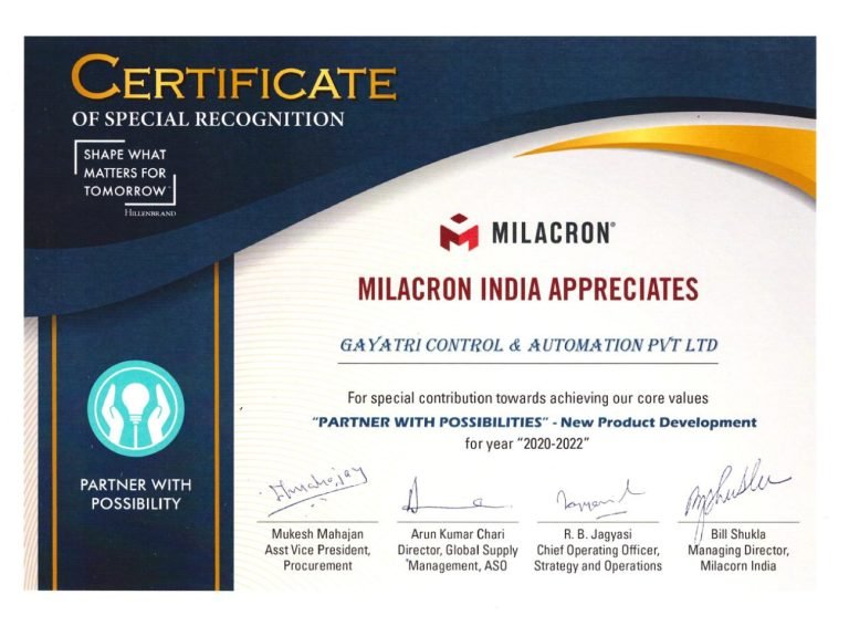 Milacron India control panel customer satisfaction certificate