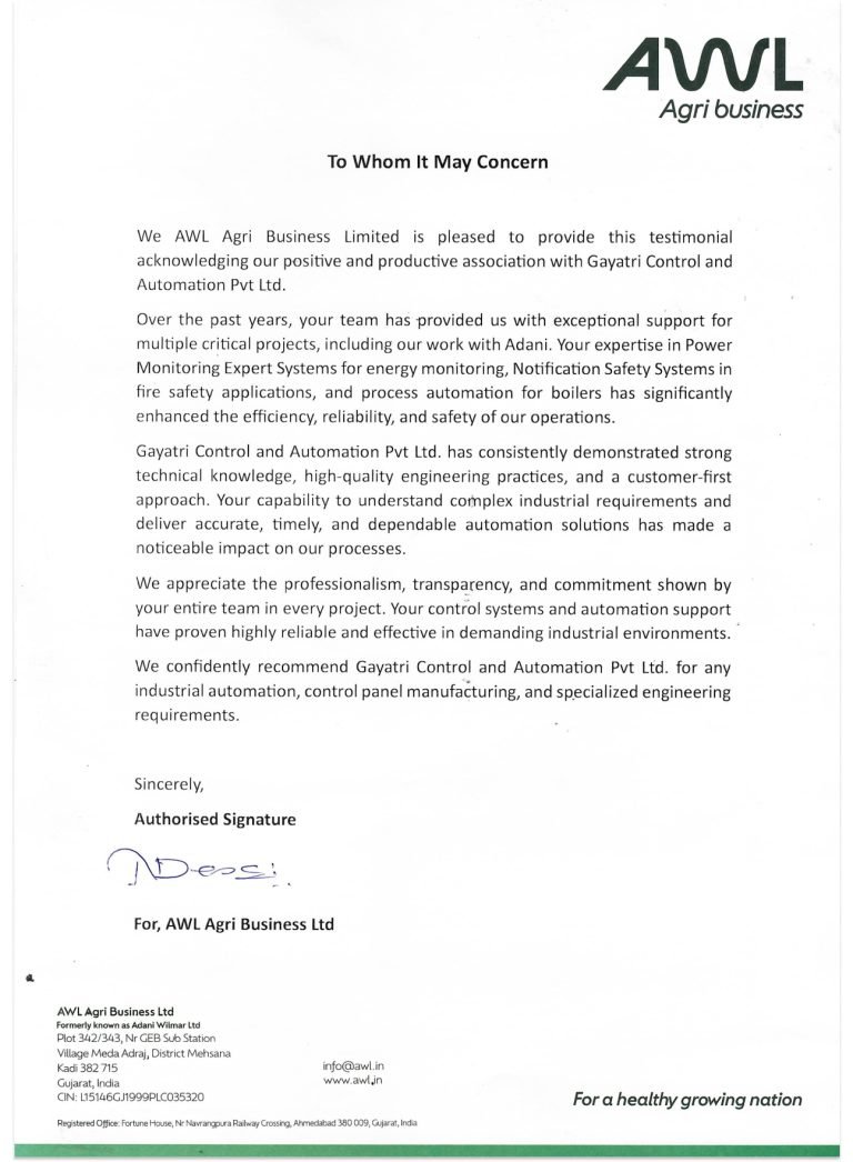 AWL Agri Business control panel customer satisfaction certificate