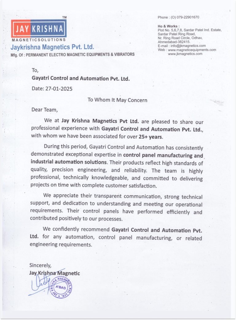 Jay Krishna Magnetics control panel customer satisfaction certificate